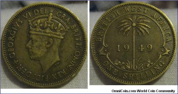 british west afria 1 shilling 1949, aVF, ew scratches on obverse, reverse is very nice