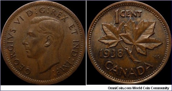 Canada 1 Cent 1938 mildly toned