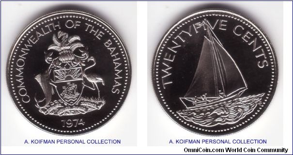 KM-63.1, 1974 Bahamas 25 cents; nickel, reeded edge, Franklin mint proof; nice perfect or close to proof.