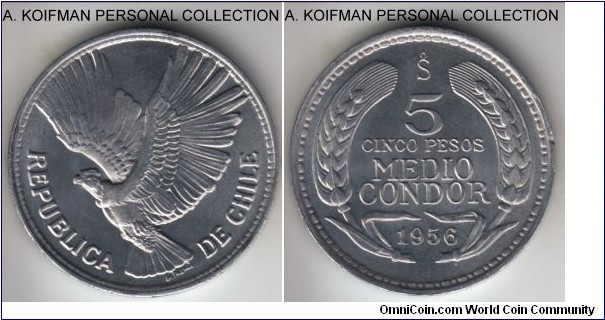 KM-180, 1956 Chile 5 peso, Santiago mint; aluminum, plain edge; nice uncirculated.