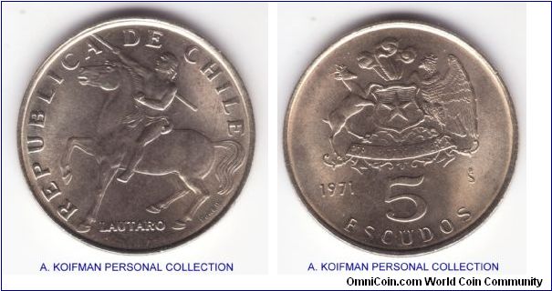 KM-199, 1971 Chile 5 escudos; copper nickel, reeded edge; average uncirculated