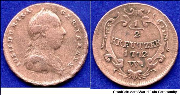 1/2 kreuzer.
Ioseph II (1765-1790) Emperor of Holy Roman Empire.
'W'- Wien mint.


Cu.