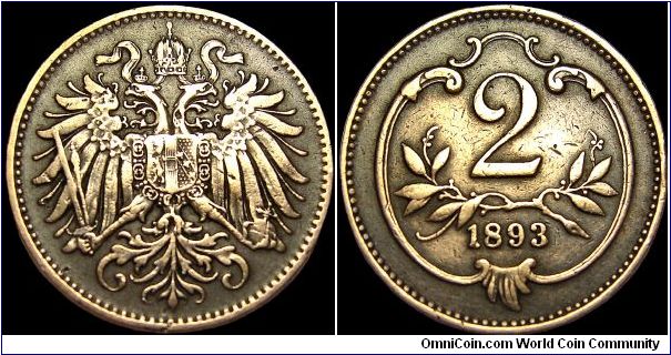 Austria - 2 Heller - 1893 - Weight 3,35 gr - Bronze - Size 19,1 mm - Emperor / Franz Joseph I (1848-1916) - Edge : Plain - Reference KM# 2801 (1892-1915)