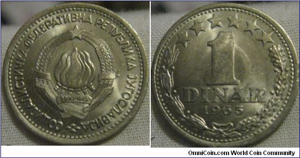 1965 1 dinar, EF full lustre some ghosting