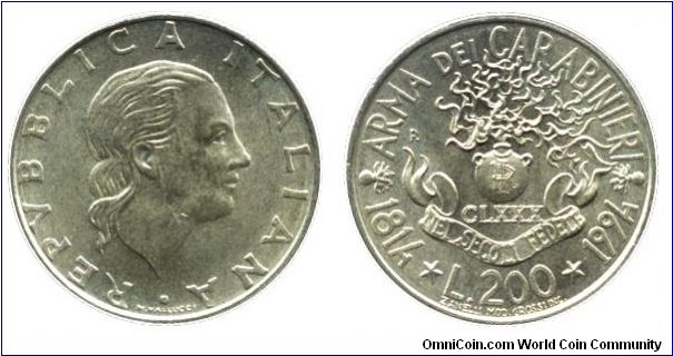 Italy, 200 liras, 1994, Al-Bronze, 24mm, 5g, MM: R (Rome), 1814-1994, Arma dei Carabineri.                                                                                                                                                                                                                                                                                                                                                                                                                          