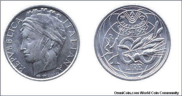 Italy, 100 liras, 1995, Cu-Ni, 22mm, 4.5g, MM: R (Rome), 1945-1995, FAO, FIAT PANIS.                                                                                                                                                                                                                                                                                                                                                                                                                                