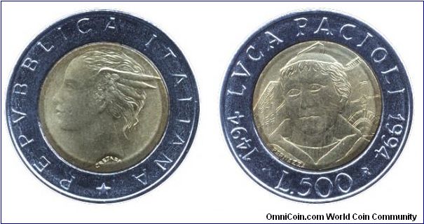 Italy, 500 liras, 1994, Ac-Al-Bronze, 25.8mm, 6.8g, bi-metallic, Luca Pacioli, 1494-1994.                                                                                                                                                                                                                                                                                                                                                                                                                           
