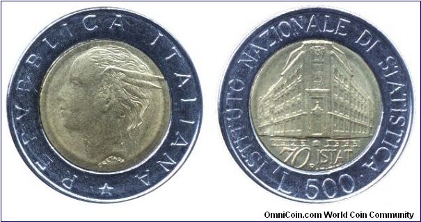Italy, 500 liras, 1996, Ac-Al-Bronze, bi-metallic, 25.8mm, 6.8g, MM: R (Rome), 1926-1996, 70th Anniversary of ISTAT, National Statistical Institute.                                                                                                                                                                                                                                                                                                                                                                