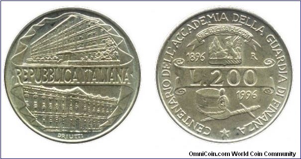 Italy, 200 liras, 1996, Al-Bronze, 24mm, 5g, MM: R (Rome), 1896-1996, Centenario dell' Accademia della Guardia di Finanza.                                                                                                                                                                                                                                                                                                                                                                                          
