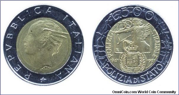 Italy, 500 liras, 1997, Ac-Al-Bronze, bi-metallic, 25.8mm, 6.8g, MM: R (Rome), 1947-1997, Polizia di Stato.                                                                                                                                                                                                                                                                                                                                                                                                         