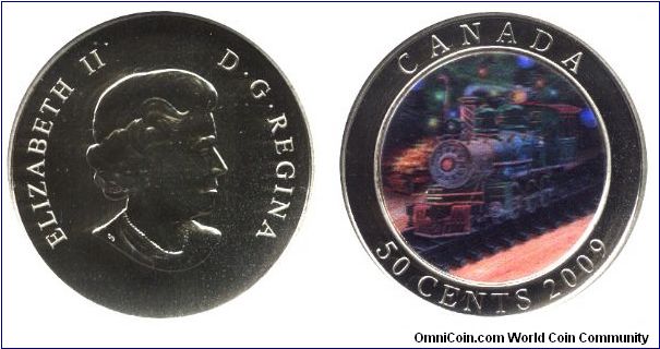 Canada, 50 cents, 2009, Brass-Steel, 35mm, MM: RCM (Royal Canadian Mint), Holiday Toy Train, 3D Colour coin, Queen Elizabeth II.                                                                                                                                                                                                                                                                                                                                                                                    