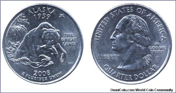 USA, 1/4 dollar, 2008, Cu-Ni, 24.26mm, 5.67g, MM: P (Philadelphia), Alaska - 1959, The great land, Grizzly, George Washington.                                                                                                                                                                                                                                                                                                                                                                                      