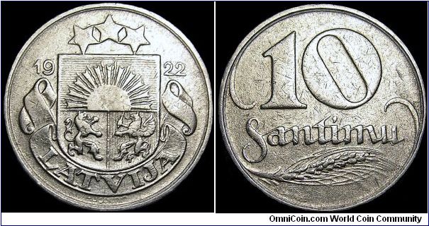 Latvia - 10 Santimu - 1922 - Weight 3,0 gr - Nickel - Size 19 mm - President / Janis Cakste (1922-27) - Mintage 15 000 000 - Minted / Huguenin Freres. Le locle. Switzerland - Edge : Plain - Reference KM# 4 (1922)