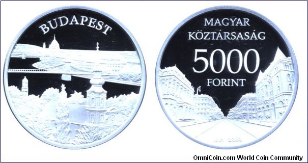 Hungary, 5000 forint, 2009, Ag, 38.61mm, 31.46g, MM: BP (Budapest), World Heritage Sites of Hungary: Budapest.                                                                                                                                                                                                                                                                                                                                                                                                      