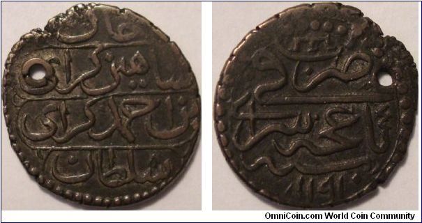 Crimean Khanate 1 Akche (~Polushka or 1/4 kopeek)of Shahin Girey. 4th year of his reign. Turkish date. Holed. 3.4 g.