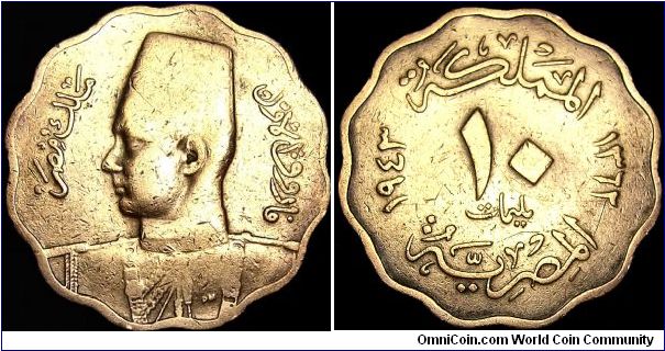 Egypt - 10 Milliemes - AH1362 / 1943 - Weight 5,9 gr - Bronze - Size 25 mm - Regent / King Farouk (1936-52) - Shape : Scalloped - Edge : Plain - Reference KM# 361 (1938-43)