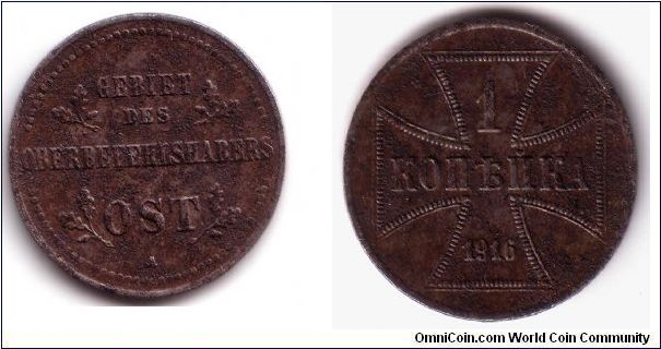 1 kopek,<-> Mintage: 11,942,000<-> Iron
Issued under the authority of the German Military Commander
of the East for use in Estonia, Latvia, Lithuania, Poland,
and Northwest Russia.