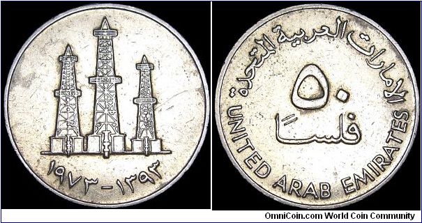 United Arab Emirates - 50 Fils - AH1393 / 1973 - Weight 6,7 gr - Copper / Nickel - Size 24,8 mm - President / Zayed Bin Sultan Al Nahyan (1971-2004) - Mintage 8 400 000 - Edge : Reeded - Reference KM# 5 (1973-88)