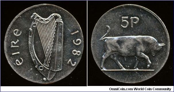 1982 Ireland 5d wrong small planchet error, struck on undersized planchet, 5g, 22mm, compare to standard 5.66g, 23.6mm. The light patches on the bull's uppermost surfaces result from the small planchet disallowing complete metal flow into the die (not wear). Some faint underlying flan roughness.  No significant contacts.  Nicely centered. Scarce.