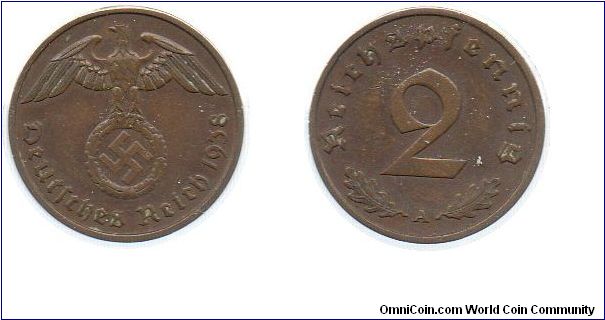 Third Reich 1938A 2 reichspfennig