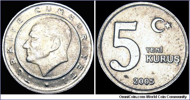 Turkey - 5 New Korus - 2005 - Weight 2,95 gr - Copper / Nickel - Size 17 mm - President / Ahmet Necdet Sezer (2000-2007) - Obverse / Mustafa Kemal Atatürk - Mintage 203 339 000 - Edge : Plain - Reference KM# 1165 (2005-2009)