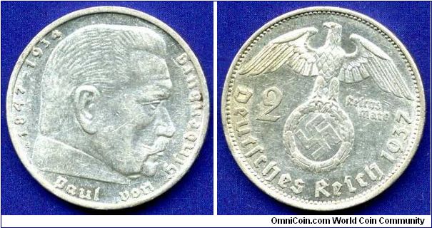 2 Reichsmark.
Third Reich.
'A' - Berlin mint.
Mintage 23,425,000 units.


Ag625f. 8,0gr.