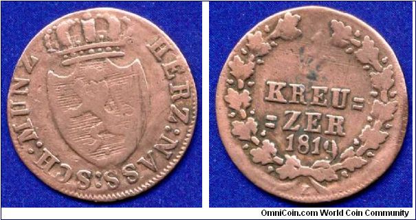 1/4 kreuzer.
Ducy of Nassau.
Duke Friedrich August (1803-1816).


Cu.