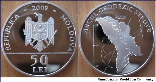 50 Lei - Geodesic arc of Struve - 16.5 g Ag .925 Proof - mintage 500 pcs only !