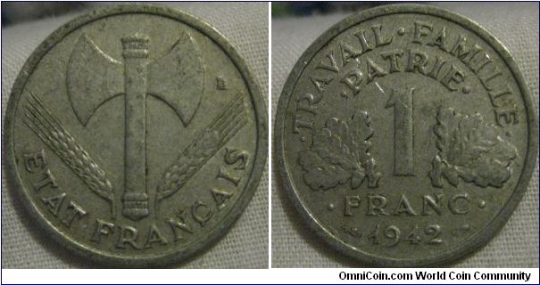 1942 1 franc, EF some lustre