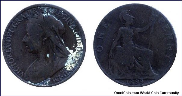 United Kingdom, 1 penny, 1899, Bronze, 31mm, 9.4g, Queen Victoria, Britannia seated.                                                                                                                                                                                                                                                                                                                                                                                                                                
