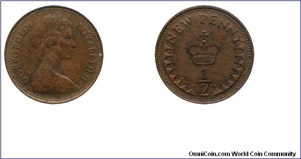 United Kingdom, 1/2 new penny, 1974, Bronze, 17.14mm, 1.78g, Crown, Queen Elizabeth II.                                                                                                                                                                                                                                                                                                                                                                                                                             