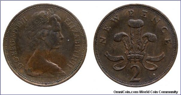 United Kingdom, 2 pence, 1971, Bronze, 25.9mm, 7.12g, Elizabeth II, Badge of the Prince of Wales: a plume of ostrich feathers within a coronet.                                                                                                                                                                                                                                                                                                                                                                     