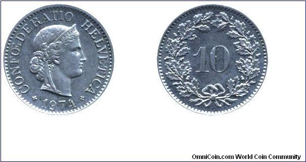 Switzerland, 10 rappens, 1974, Cu-Ni, 19.15mm, 3g, Confederatio Helvetica, Libertas.                                                                                                                                                                                                                                                                                                                                                                                                                                