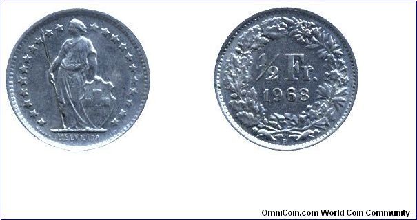 Switzerland, 1/2 franc, 1968, Cu-Ni, 18.2mm, 2.2g, Helvetia standing.                                                                                                                                                                                                                                                                                                                                                                                                                                               