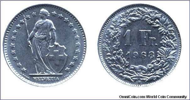 Switzerland, 1 franc, 1968, Cu-Ni, 23.2mm, 4.4g, Helvetia standing.                                                                                                                                                                                                                                                                                                                                                                                                                                                 