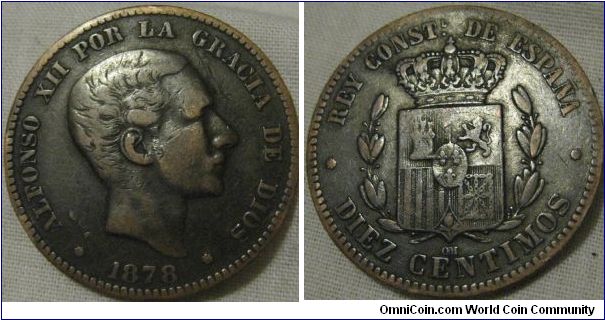 1878 10 centimos, fine grade, more wear showing on reverse.
