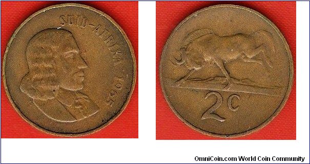 2 cents
Jan Van Riebeeck
black wildebeest
bronze
Afrikaans legend