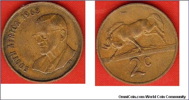 2 cents
President Charles Swart
black wildebeest
bronze
English legend