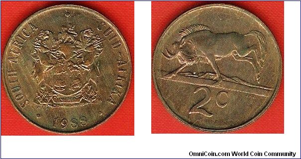 2 cents
arms of South Africa
black wildebeest
bronze
bilingual coin