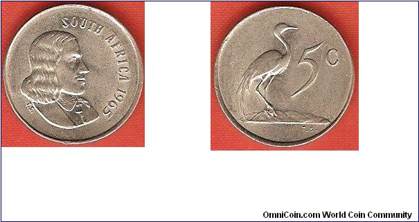 5 cents
Jan Van Riebeeck
blue crane
nickel
English legend