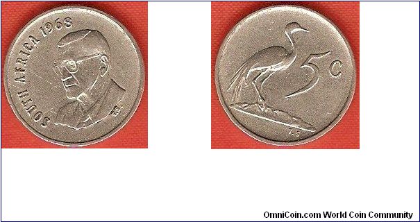 5 cents
President Charles Swart
blue crane
nickel
English legend