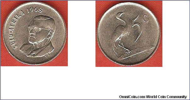 5 cents
President Charles Swart
blue crane
nickel
Afrikaans legend