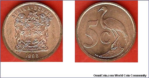 5 cents
arms of South Africa
blue crane
copper-plated steel
Tsonga legend