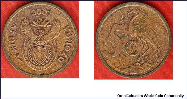 5 cents
arms of South Africa
blue crane
copper-plated steel