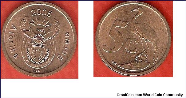 5 cents
arms of South Africa
blue crane
copper-plated steel