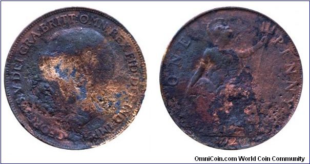 United Kingdom, 1 penny, 1920, Bronze, Britannia setaed, King George V.                                                                                                                                                                                                                                                                                                                                                                                                                                             