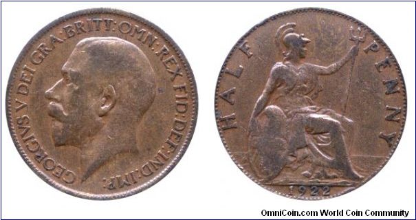 United Kingdom, 1/2 penny, 1922, Bronze, Britannia seated, King George V.                                                                                                                                                                                                                                                                                                                                                                                                                                           