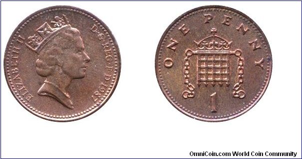United Kingdom, 1 penny, 1987, Bronze, Portcullis, Queen Elizabeth II.                                                                                                                                                                                                                                                                                                                                                                                                                                              