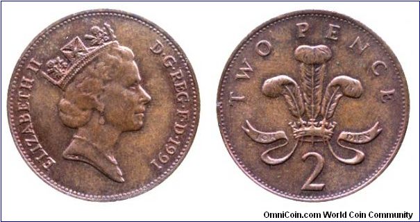 United Kingdom, 2 pence, 1991, Bronze, Queen Elizabeth II.                                                                                                                                                                                                                                                                                                                                                                                                                                                          