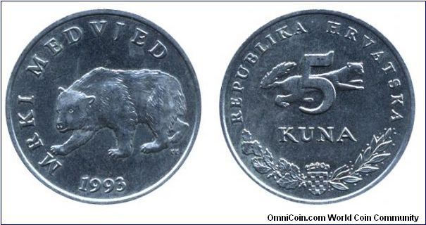 Croatia, 5 kuna, 1993, Cu-Ni-Zn, 26.5mm, 7.45g, Mrki Medvjed (Brown Bear), Weasel.                                                                                                                                                                                                                                                                                                                                                                                                                                  